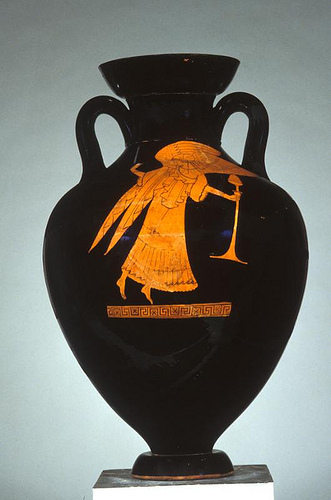 Attic red figure amphora from Athens, Greece, around 490 BCE, featuring a winged Nike, goddess of victory.