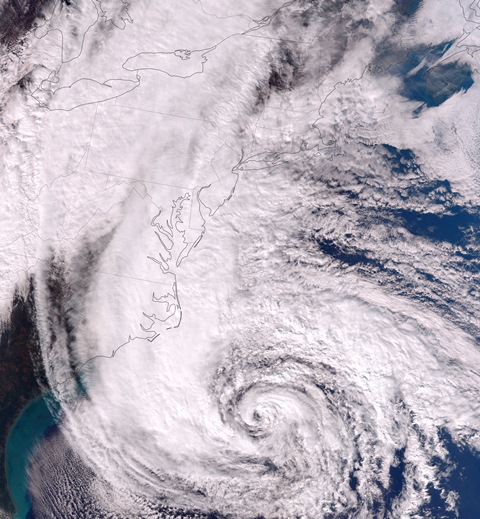 The immense size of Hurricane Sandy, feature the cold front heading toward the storm (picture courtesy of Wikipedia).