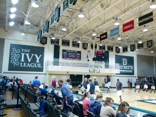 The Penn Men’s Basketball team during pre-game warm-up. Note the largest Ivy League banner we have ever seen.
