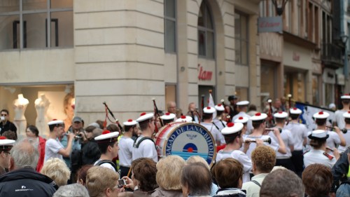 Le Bagad de Lann Bihoue maritime marching band performing in the streets of Rouen.