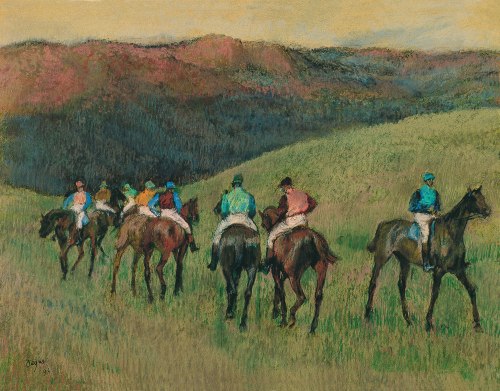 "Racehorses in a Landscape" - Edgar Degas, 1894, pastel on paper. On display at Museo Thyssen-Bornemisza in Madrid, Spain.