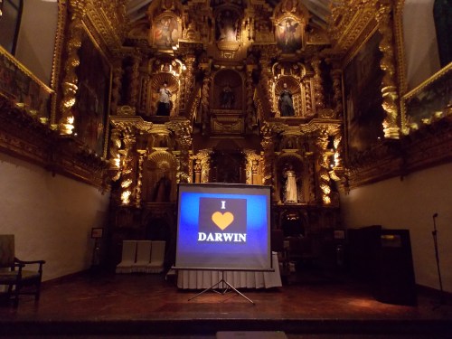 Darwin in the baroque chapel at El Monasterio.
