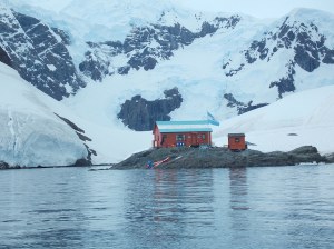 British Base A, Port Lockroy, and penguins feeling at home at Port Lockroy. Below, Argentinian Base Brown, West Antarctic Peninsula. Can you imagine living here year-round? Note the grey dust on the ice to the left of Base Brown; natural weathering of rocks by wind and water on the Antarctic continent dissolves rock minerals in rocks; wind blows these around. Note a bloom of pink-colored algae on the ice to the right of Base Brown. 