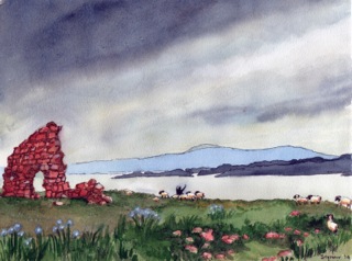 The ruins of an old monastery on the Isle of Iona.  (with iris in bloom and shepherd and sheep!)