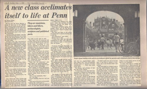 Article from the Philadelphia Inquirer about the Penn Class of 1993 moving in to start their Freshman year at Penn