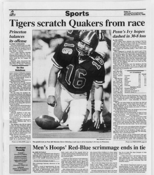 The Daily Pennsylvanian sports page November 6, 1989 Penn loses to Princeton 30-8.