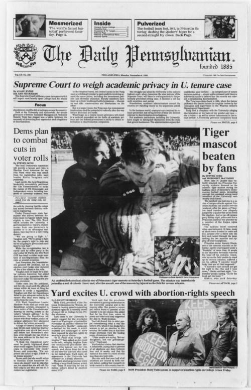 The DP November 6, 1989 shows Princeton Tiger mascot being attacked by Penn students