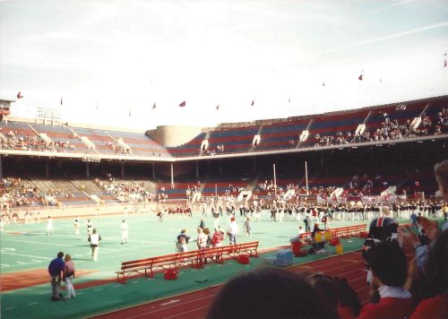The Penn Band gathers at the far end of Franklin Field to perform during half-time, November 4, 1989.