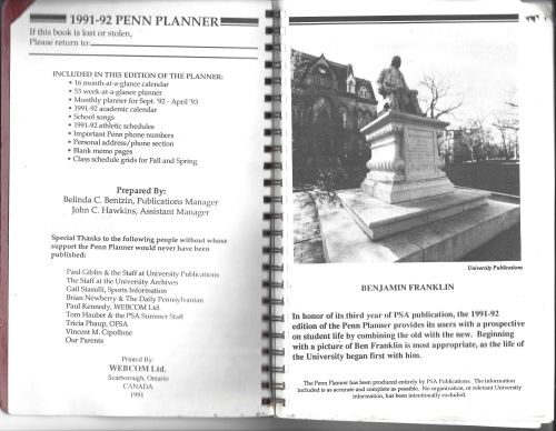Penn Student Agencies' weekly Penn Planner inside cover page