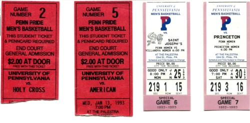 Penn Basketball tickets for games at the Palestra in 1993 at the University of Pennsylvania