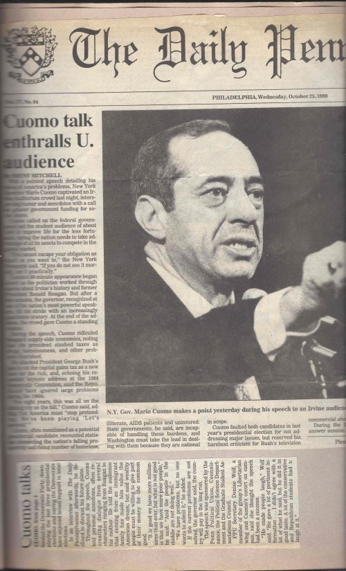 Front page of The Daily Pennsylvanian on October 25, 1989 highlights Gov. Mario Cuomo