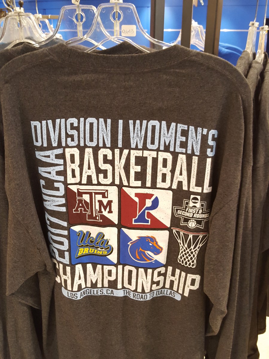 NCAA Women's Basketball tournament first round t-shirts on sale at UCLA's Pauley Pavilion