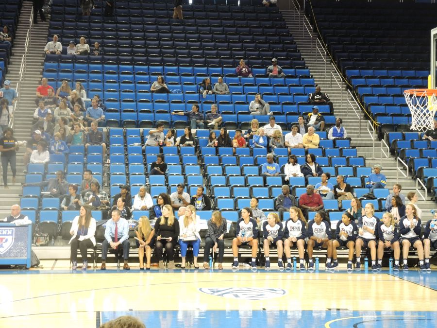 Penn Women's Basketball bench during the game, photo credit Kiera Reilly, C'93