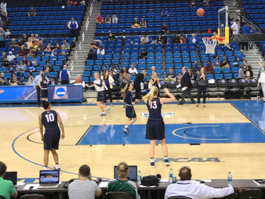 Penn warms up at Pauley Pavilion before the game, photo credit JodiLynne Bayrd Steiner, W'93