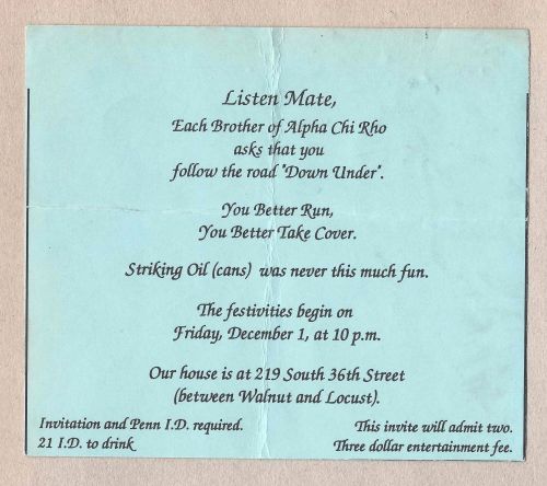 Invitation to an Alpha Chi Rho fraternity party in December, 1990 at Penn