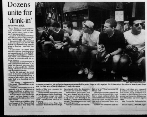 The Daily Pennsylvanian front page April 12, 1993 protesting the outdoor drinking ban at the Palladium