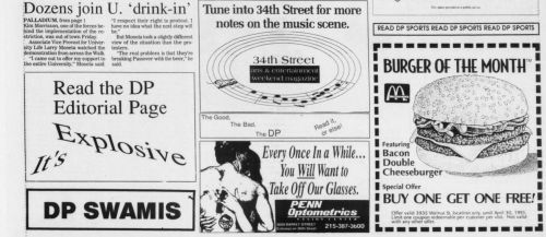 The Daily Pennsylvanian on April 12, 1993 article protesting the outdoor drinking ban at the Palladium at Penn