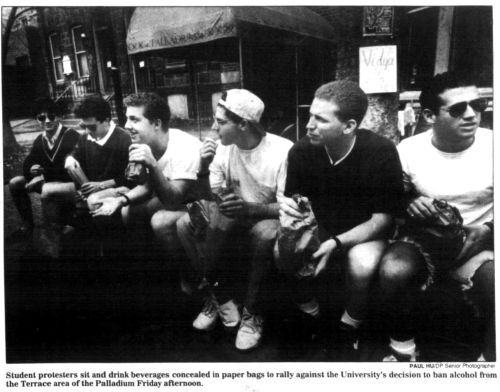 Protesting the drinking ban at the Palladium, front page of the Daily Pennsylvanian, April 12, 1993