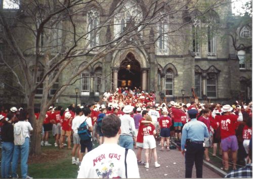The Penn Class of 1993 visits Penn President Sheldon Hackney at College Hall for Hey Day in April, 1992. Photo by Kiera Reilly