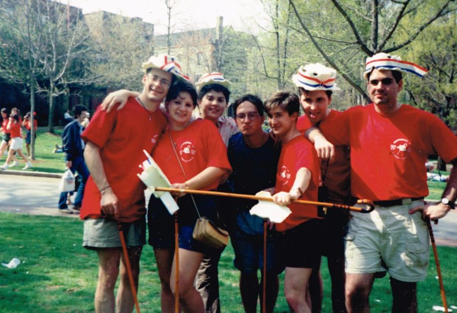 Hey Day on College Green, photo courtesy of Jeff Liebert, CAS'93 L - R: Justin Sowers, SEAS '93, Ebru Ural, W '93, Unknown Photobomber, Alan Steenstrup, CAS '92, Jeff Liebert, SEAS '93, David Haynes, SEAS '93, Howard Blecher, CAS '93