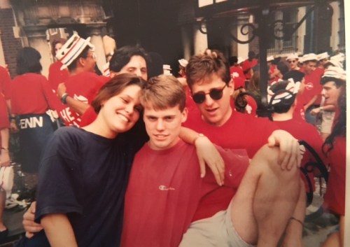 Anne Roma, Brad Essen, Dan Charney celebrate in the Quad, photo courtesy of Zach Conen, April 1992 at Penn