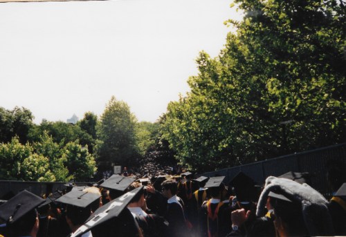 The Commencement Procession across the 38th Street Bridge and down Locust Walk, May 17, 1993. Photo by Lisa Nass Grabelle