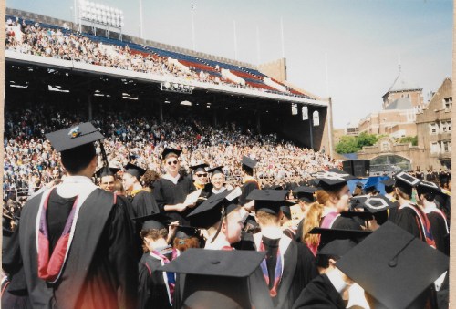 Graduates on Franklin Field for Commencement, May 17, 1993. Photo by Lisa Nass Grabelle