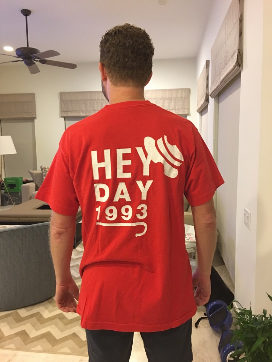 Josh Frank, C'93, wears his April 1992 Hey Day shirt for the Penn Class of 1993 in April 2017