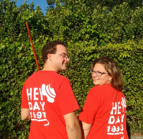 Justin Sowers, SEAS'93, and Ebru Ural, W'93, proudly wear their Hey Day shirts in 2017