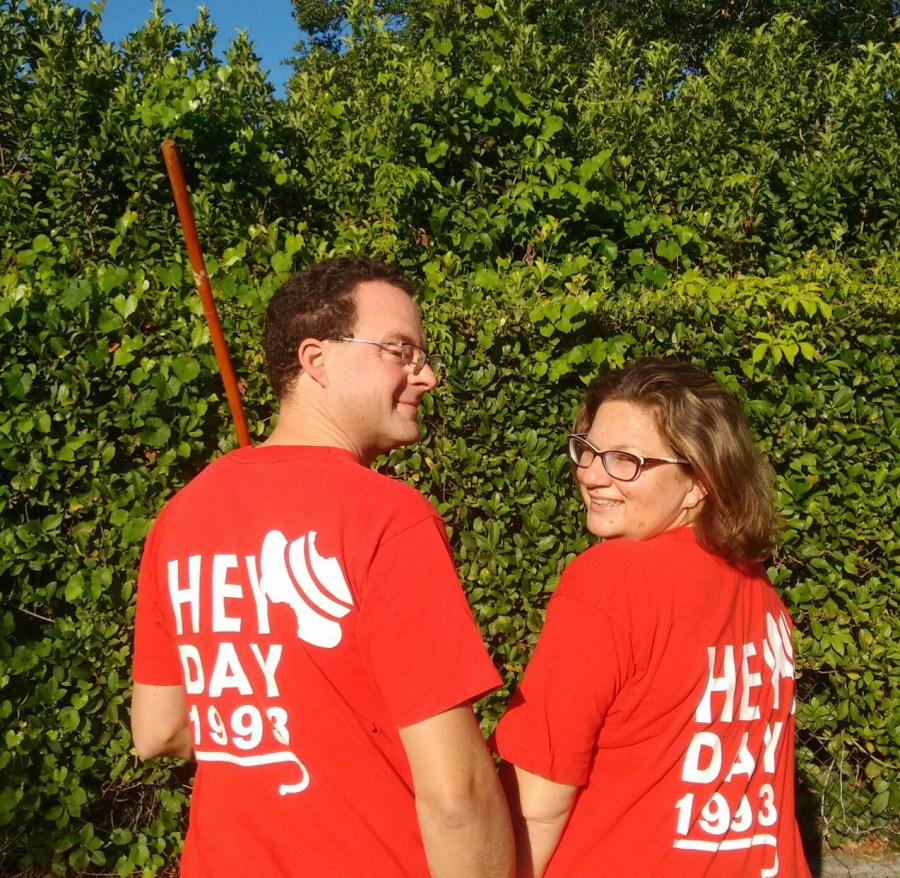Justin Sowers, SEAS'93, and Ebru Ural, W'93, proudly wear their Hey Day shirts in 2017