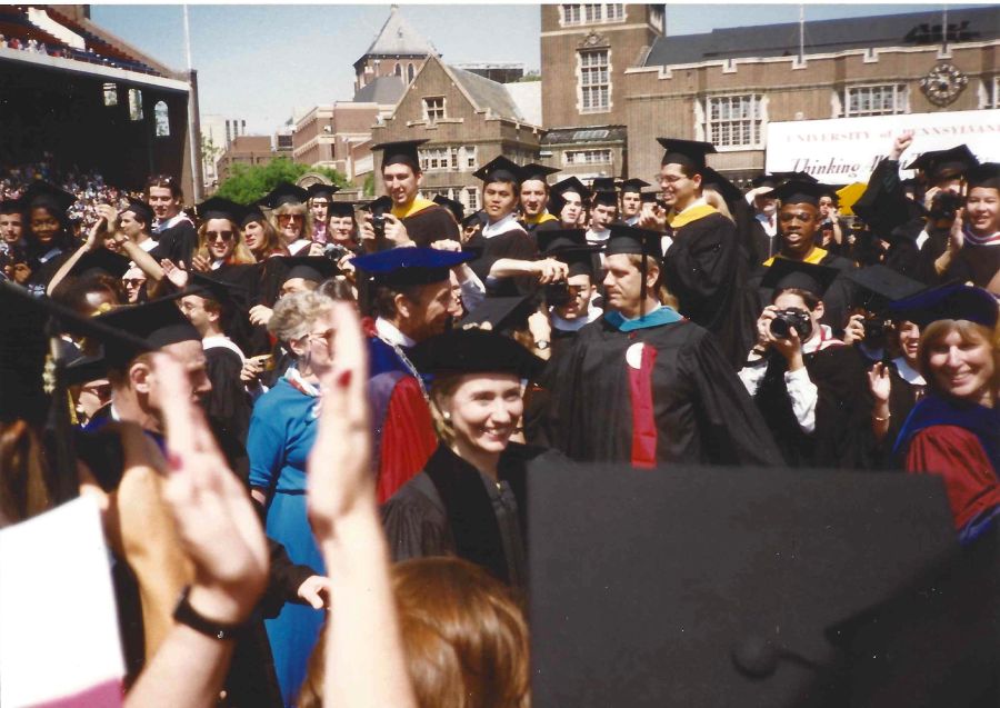 First Lady Hillary Clinton and Penn President Sheldon Hackney make their way to the Commencement stage.