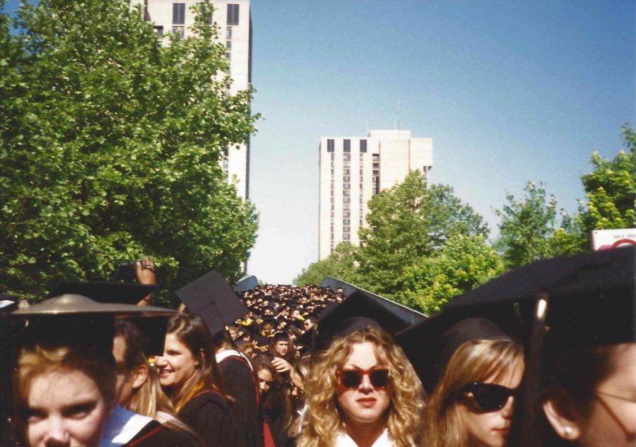 The Class of 1993 leaves Superblock, crossing the 38th Street Bridge for Penn's Commencement, May 17, 1993. Photo by Kiera Reilly, C'93