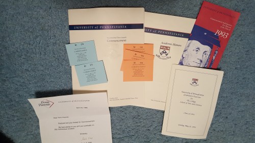 Commencement program listing all the graduates, Academic Honors, program for the School of Arts and Sciences graduation, and tickets for faculty, courtesy of Jennifer Jarett