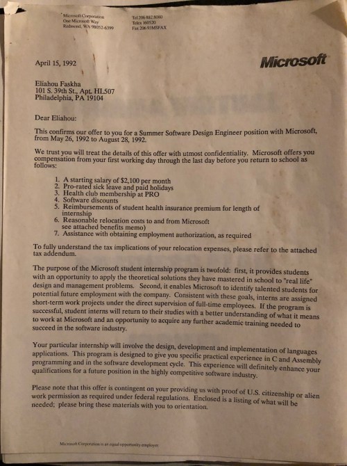 Microsoft summer intern offer letter to Penn engineering student #93tothe25th