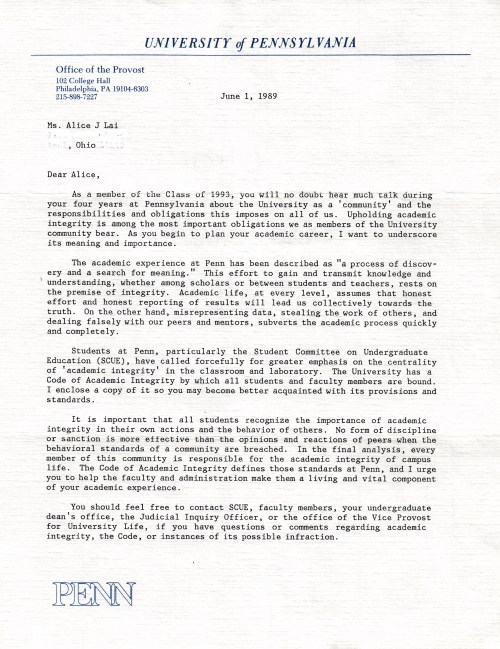 Letter on academic integrity from the Provost to incoming Penn freshman