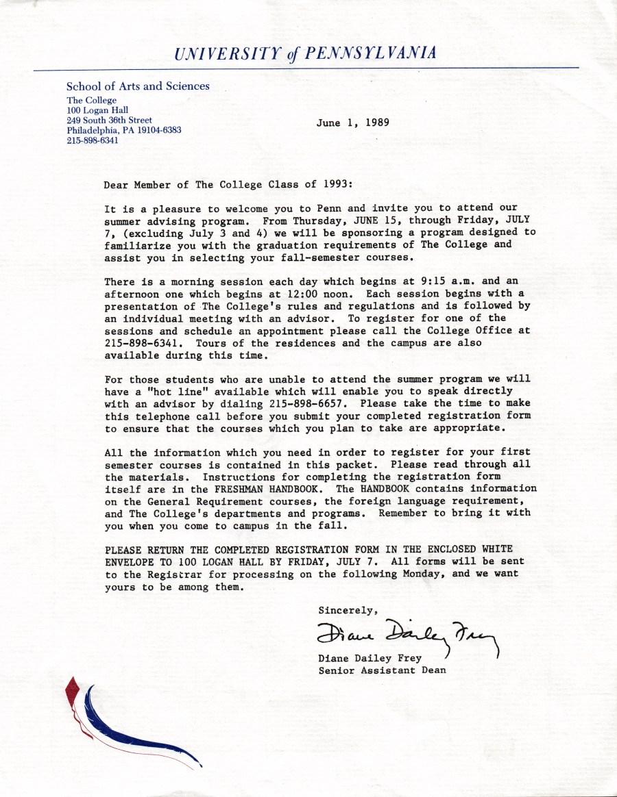Penn School of Arts and Sciences advising letter
