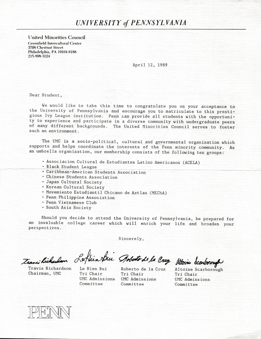 Penn United Minorities Council letter to admitted students