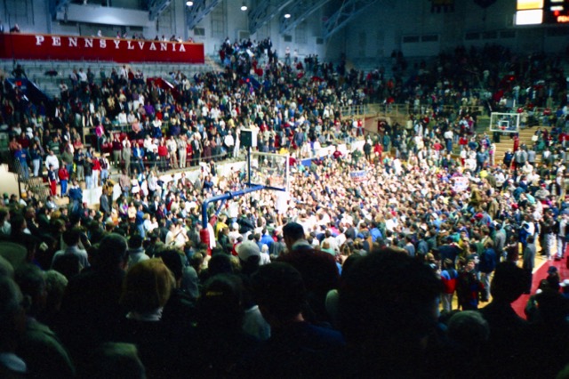Penn defeats Yale 71 - 49 on March 5, 1993 and clinches the Ivy League Title for 1992 - 1993. Fans storm the court.