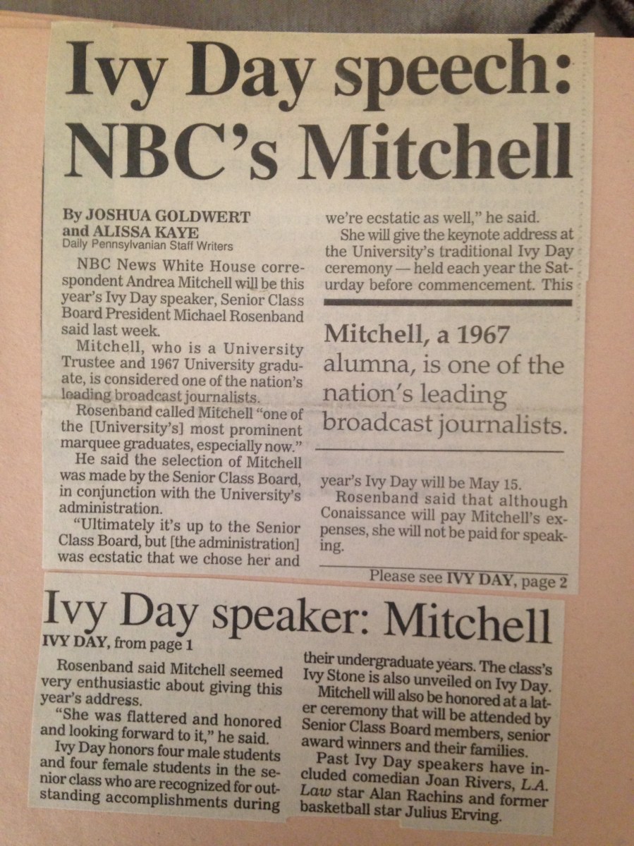 Andrea Mitchell Ivy Day speaker for Penn Class of 1993