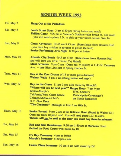Penn 1993 Senior week schedule